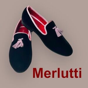 Merlutti Black Formal Velvet Loafers Men’s Size: 9 Pink Tassels Wedding Shoes